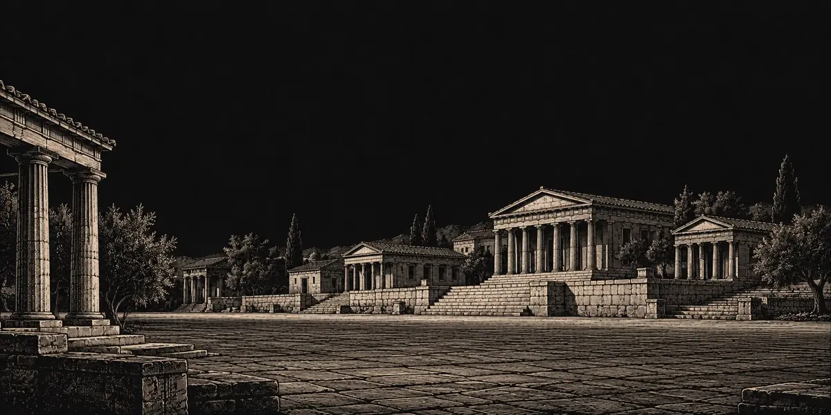 Ink engraving of the Ancient Agora of Athens with its temples and stoas