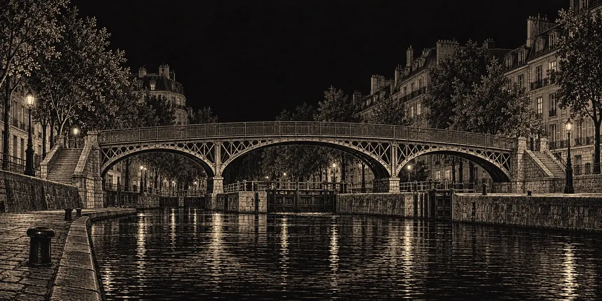 Ink engraving of an iron footbridge over the Canal Saint-Martin in Paris at night