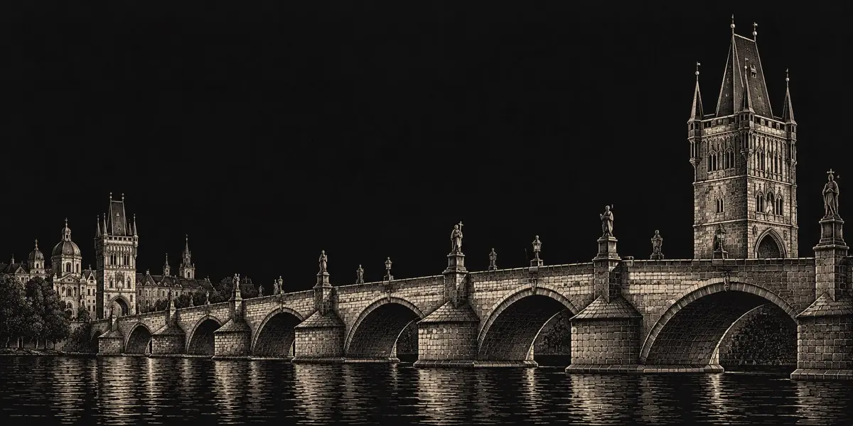 Ink engraving of Charles Bridge in Prague at night, its statues and tower reflected in the river